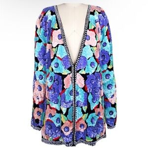 JEWEL QUEEN vtg Silk Sequined Floral Beaded Cardigan Top Pastel- women’s medium